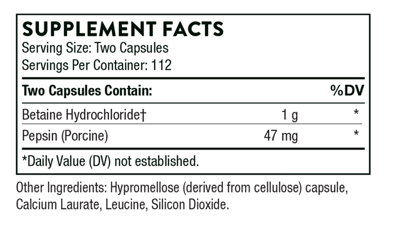 image of the product ingredients for Thorne Betaine HCL & Pepsin (225's)